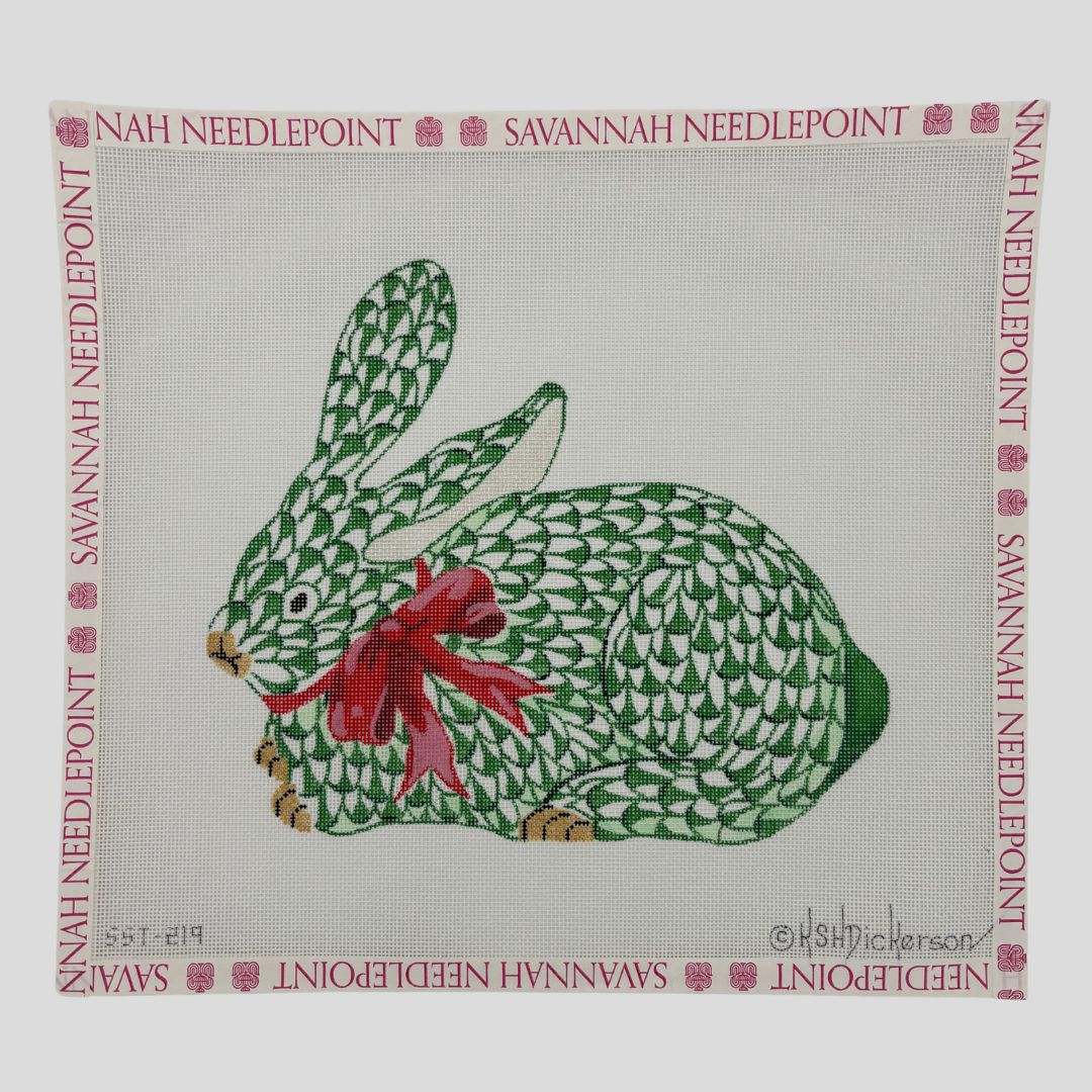 Crouching Emerald Bunny with Red Bow