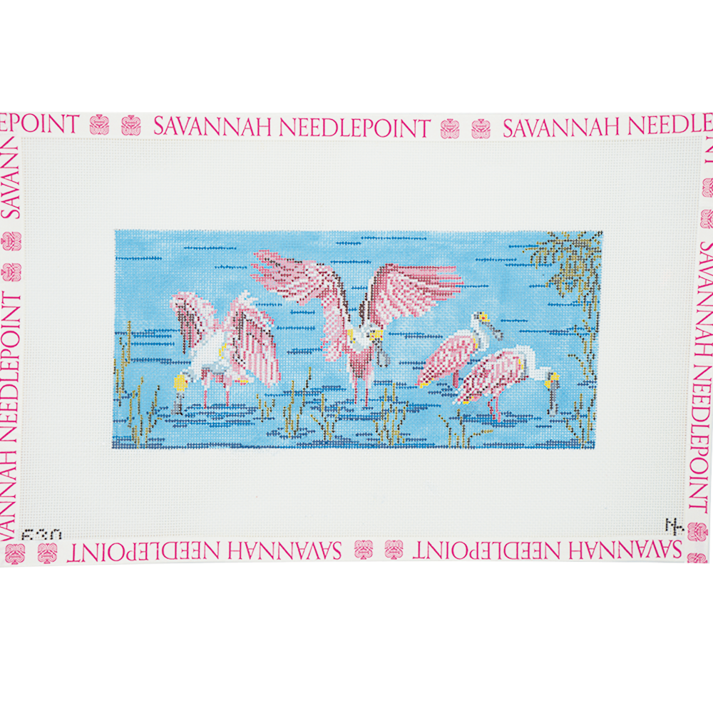 Spoonbills Over Water