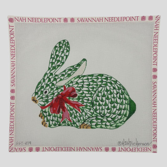 Crouching Emerald Bunny with Red Bow